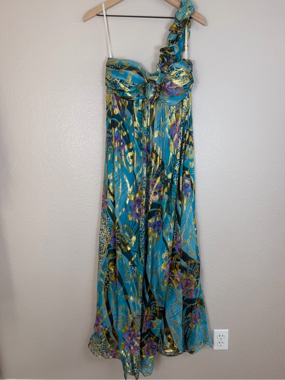 Betsy & Adam Y2K Asymmetrical Ruffle Shoulder Maxi Silk Chiffon Gown size 10